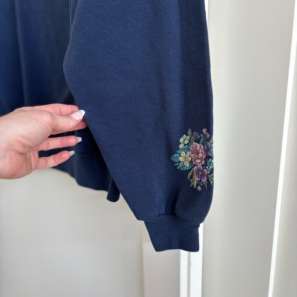 Vintage 90's Navy Blue Morning Sun Floral Graphic Crewneck Sweatshirt Size Large - Picture 5 of 10